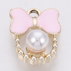 Alloy Enamel Pendants, with ABS Plastic Imitation Pearl, Bowknot, Golden, Pink, 18x13x7.5mm, Hole: 2mm(ENAM-Q427-02B)