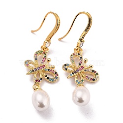 Butterfly with Imitation Pearl Beads Sparkling Cubic Zirconia Dangle Earrings for Her, Real 18K Gold Plated Brass Earrings, Colorful, 53mm, Pin: 0.8mm(ZIRC-C025-31G)
