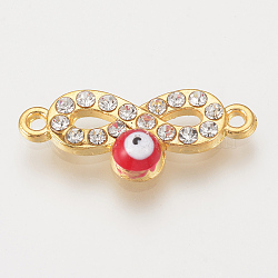 Alloy Rhinestone Links Connectors, Cadmium Free & Lead Free, Infinity with Evil Eye, Red, Golden, 22.5x9.5x2.5mm, Hole: 1mm(X-ALRI-S170-32G)