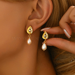 Elegant Pearl & Rhinestone Teardrop Hoop Earrings for Women's Date Night, Golden, 30x6mm(JU3663)