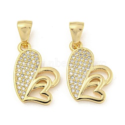 Brass Micro Pave Clear Cubic Zirconia Pendants, Heart, Real 18K Gold Plated, 20x13x2.5mm, Hole: 6x3.5mm(ZIRC-P113-07G-G)