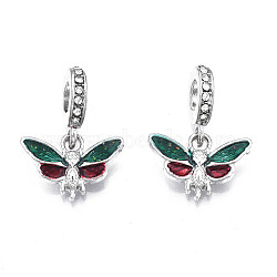 Rack Plating Alloy Enamel European Dangle Charms, Large Hole Pendants, with Crystal Rhinestone and Glitter Powder, Cadmium Free & Nickel Free & Lead Free, Butterfly, Platinum, Dark Green, 23.5mm, Hole: 5mm, Butterfly: 14x10x3mm(MPDL-N039-040)