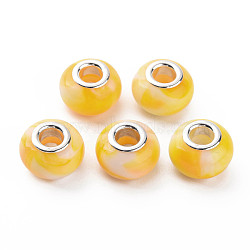 Opaque Resin European Beads, Large Hole Beads, Imitation Gemstone Style, with Silver Tone Brass Double Cores, Rondelle, Yellow, 14x9.5mm, Hole: 5mm(RPDL-T003-005A)