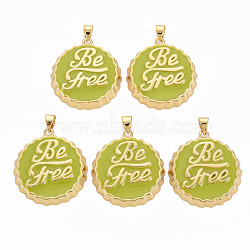 Brass Enamel Pendants, Cadmium Free & Nickel Free & Lead Free, Real 16K Gold Plated, Bottle Cap with Word Be Free, Yellow Green, 27x25x4.5mm, Hole: 4.5x3.5mm(ENAM-S128-002J-NR)