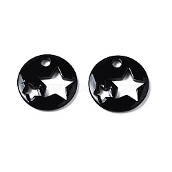 Spray Painted Brass Charms, Flat Round with Star, Black, 14.5x14.5x2.5mm, Hole: 2mm(KK-Q252-003A)