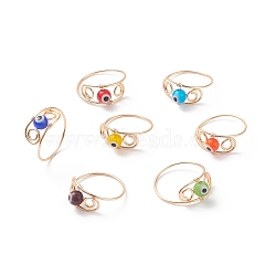 7Pcs 7 Color Lampwork Evil Eye Braided Bead Finger Rings Set, Golden Copper Wire Wrap Jewelry for Women, Mixed Color, US Size 10 1/4(19.9mm), 1Pc/color(RJEW-JR00525)