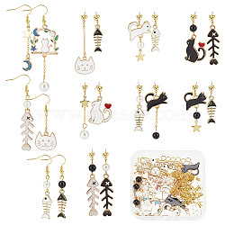 DIY Cat Asymmetrical Earring Making Kit, Including Alloy Links Connectors & Enamel Pendants, 304 Stainless Steel Charms, Glass Pearl Beads, Brass Earring Hooks & Cable Chains, Mixed Color(DIY-SC0021-21)