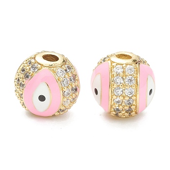 Brass Micro Pave Cubic Zirconia Charms, with Enamel,  Long-Lasting Plated, Flat Round with Evil Eye, Real 18K Gold Plated  , Pink, 10mm, Hole: 2mm