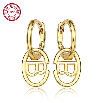 Real 18K Gold Plated 925 Sterling Silver Hoop Earrings, Initial Letter Drop Earrings, with S925 Stamp, Letter B, 20x8.5mm