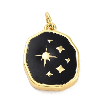 Real 18K Gold Plated Rack Plating Brass Enamel Pendants, with Jump Ring, Long-Lasting Plated, Lead Free & Cadmium Free, Irregular Flat Round with Star Charm, Black, 19x14.5x3mm, Hole: 3mm