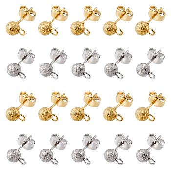 Unicraftale 40Pcs 2 Color 304 Stainless Steel Stud Earring Findings, Textured Ball Stud Earring Post with Ear Nuts and Horizontal Loops, Golden & Stainless Steel Color, 8x5mm, Hole: 2mm, Pin: 0.6mm, 20Pcs/color