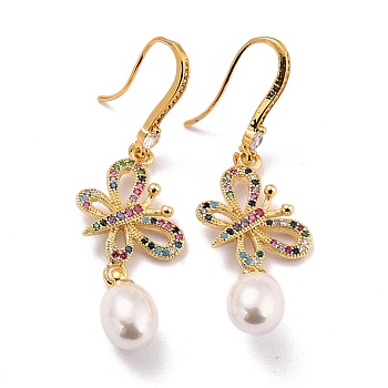 Butterfly with Imitation Pearl Beads Sparkling Cubic Zirconia Dangle Earrings for Her, Real 18K Gold Plated Brass Earrings, Colorful, 53mm, Pin: 0.8mm