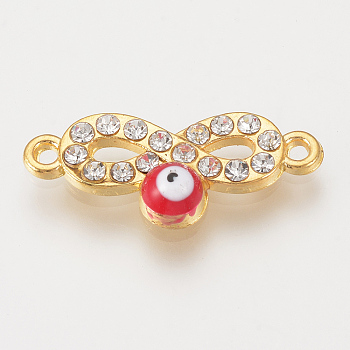 Alloy Rhinestone Links Connectors, Cadmium Free & Lead Free, Infinity with Evil Eye, Red, Golden, 22.5x9.5x2.5mm, Hole: 1mm