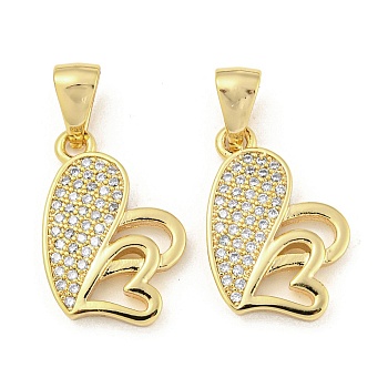 Brass Micro Pave Clear Cubic Zirconia Pendants, Heart, Real 18K Gold Plated, 20x13x2.5mm, Hole: 6x3.5mm