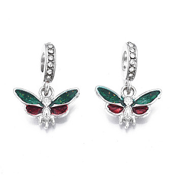 Rack Plating Alloy Enamel European Dangle Charms, Large Hole Pendants, with Crystal Rhinestone and Glitter Powder, Cadmium Free & Nickel Free & Lead Free, Butterfly, Platinum, Dark Green, 23.5mm, Hole: 5mm, Butterfly: 14x10x3mm