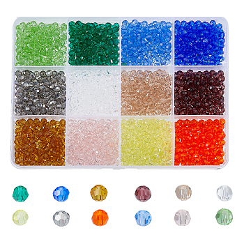 1800Pcs 12 Colors Transparent Glass Beads Strands, Faceted, Round, Mixed Color, 4mm, Hole: 1mm, 150Pcs/color