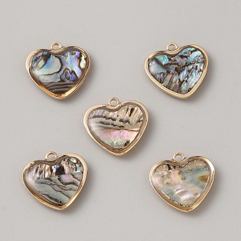 Brass Pave Paua Shell Charms, Light Gold, Heart, 14x14.5x3mm, Hole: 1.5mm