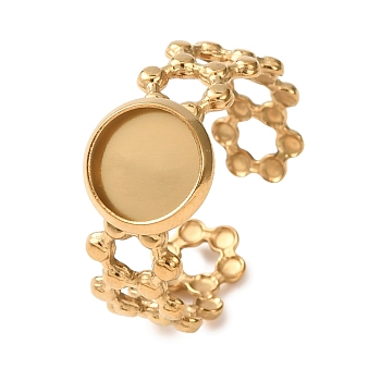 Hollow Flower 304 Stainless Steel Cuff Ring Components, Round Bezel Cup Ring Settings, Ion Plating(IP), Golden, 10mm, US Size 8 1/2(18.5mm), Tray Size: 8mm