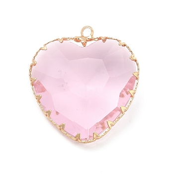 K9 Glass Pendants, Heart Charms, with Light Gold Tone Brass Findings, Faceted, Light Rosaline AB, 31x28x9mm, Hole: 2mm
