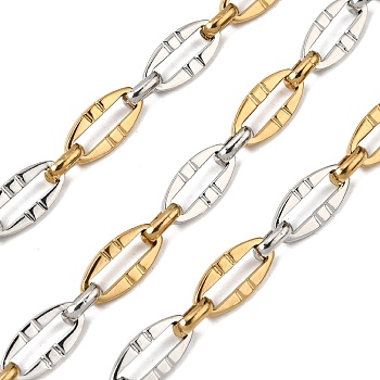 Two Tone 304 Stainless Steel Dapped Chains, Ion Plating(IP), Unwelded, with Spool, Oval, Real 18K Gold Plated, 14x7x1.5mm