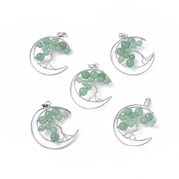 Natural Green Aventurine Big Pendants, with Platinum Tone Brass Findings, Moon with Tree, 50~53x41~43x8~10mm, Hole: 7x5mm