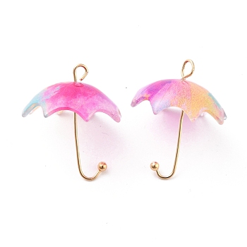 Acrylic Pendants, with Golden Plated Alloy Findings, 3D Umbrella with Flower Pattern, Hot Pink, 23x18x18mm, Hole: 1.6mm