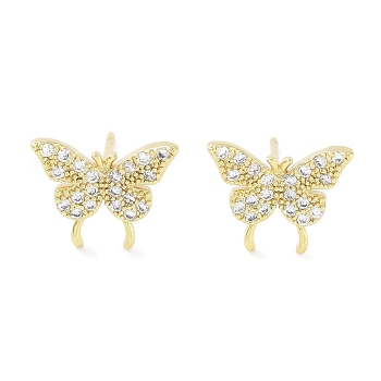 Brass Micro Pave Clear Cubic Zirconia Studs Earring for Women, Butterfly, Real 18K Gold Plated, 9.5x12mm