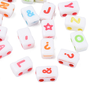 Opaque White Acrylic Connector Charms, Rectangle with Letter & Sign, Mixed Color, 8x5x4mm, Hole: 1.6mm, about 3600pcs/500g