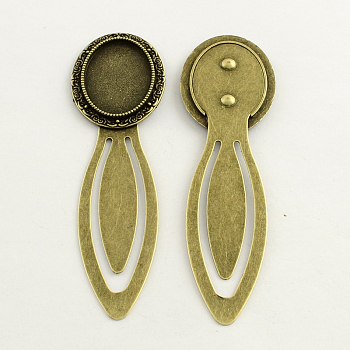 Iron Bookmark Cabochon Setting, with Alloy Oval Tray, Lead Free & Nickel Free & Cadmium Free, Antique Bronze, 86x25x3mm, Tray: 18x25mm