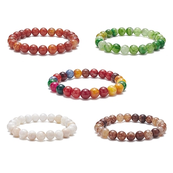 Dyed Natural Weathered Agate Round Beaded Stretch Bracelet for Women, Mixed Color, Inner Diameter: 2-3/8 inch(6cm)