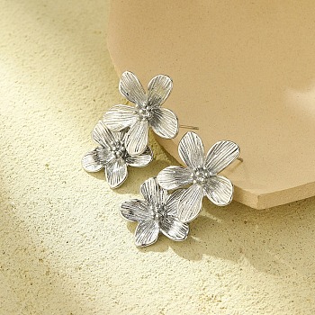 304 Stainless Steel Flower Stud Earrings for Women, Pink, 41x25.5mm