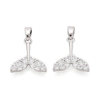 Brass Micro Pave Clear Cubic Zirconia Charms, Fishtail Charms, Platinum, 13.5x13x2mm, Hole: 4.5x2.5mm