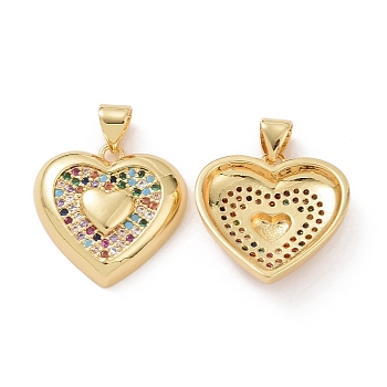 Brass Cubic Zirconia Pendants, Heart Charm, Real 18K Gold Plated, Colorful, 19x19x5mm, Hole: 3.5x5mm