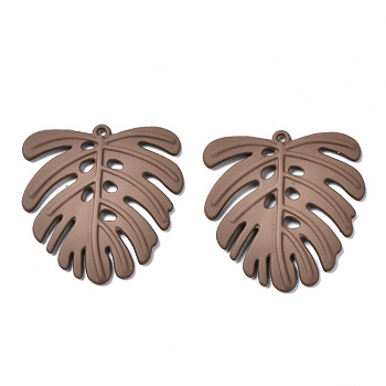 Spray Painted Alloy Pendants, Tropical Leaf Charms, Cadmium Free & Lead Free, Monstera Leaf, Saddle Brown, 35.5x33x2mm, Hole: 1.2mm