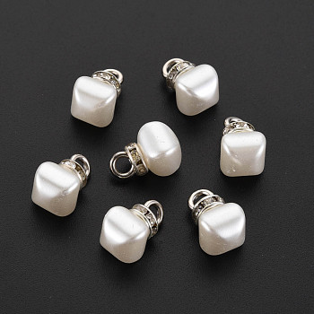 ABS Plastic Imitation Pearl Charms, with Platinum Plated Brass Loop and Crystal Rhinestone, Nuggets, Creamy White, 13x8x8mm, Hole: 2.5mm