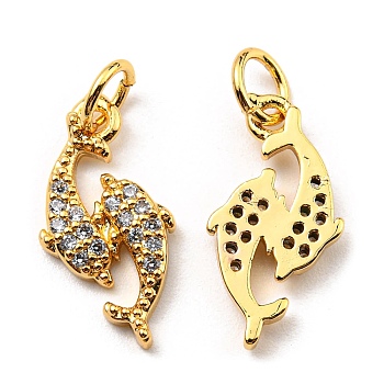Rack Plating Brass Micro Pave Cubic Zirconia Pendants, Lead Free & Cadmium Free, Dolphin, Real 18K Gold Plated, 16.5x8x2mm, Hole: 3mm