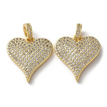 Rack Plating Clear Brass Micro Pave Cubic Zirconia Pendants, Cadmium Free & Lead Free, Heart, Real 18K Gold Plated, 18x16.5x3mm, Hole: 2.5x3.5mm