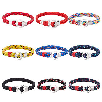 9Pcs 9 Colors Survival Polyester Cord Bracelets Set with Alloy Anchor Clasps, Mixed Color, 8-1/2 inch(21.5cm), 1Pc/color