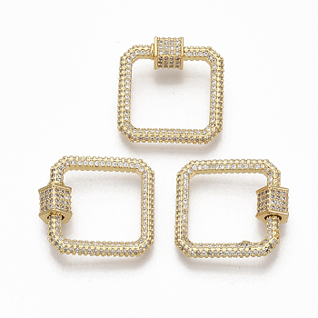 Brass Micro Pave Clear Cubic Zirconia Screw Carabiner Lock Charms, for Necklaces Making, Square, Golden, 21x22.5x3mm, Screw: 6x6.5mm