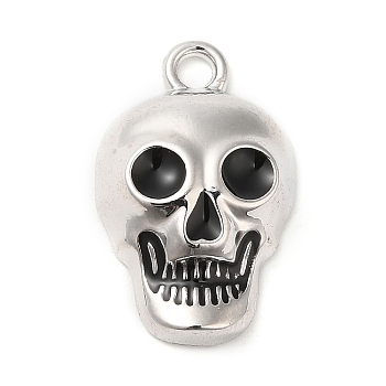 Halloween Theme Alloy Pendant, with Enamel, Skull Charm, Platinum, Black, 21x13x4mm, Hole: 2mm