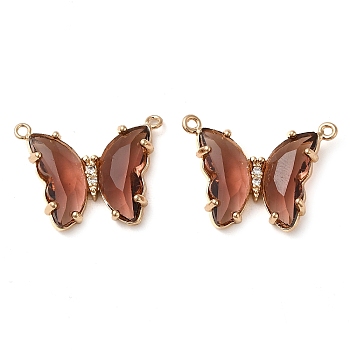 Brass Pave Faceted Glass Connector Charms, Golden Tone Butterfly Links, Sienna, 17.5x23x5mm, Hole: 0.9mm