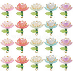 60Pcs 5 Colors Glass Lotus Flower Pendants, with Acrylic Beads & Brass Loop, Golden, Mixed Color, 20~21x18~18.5mm, Hole: 2.2~2.5mm, 12pcs/color(PALLOY-SZ00065)
