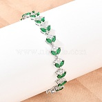 Platinum Tone Brass Micro Pave Cubic Zirconia Tennis Bracelets, Link Bracelets for Women, Leaf, with Glass & Watch Band Clasps, Long-Lasting Plated, Green, 8-3/4x3/8 inch(22.3x1cm)(BJEW-B160-09P)