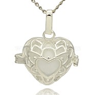 Silver Color Plated Brass Hollow Heart Cage Pendants, with No Hole Spray Painted Brass Round Beads, White, 24x26x18mm, Hole: 3x8mm(KK-J243-08S)