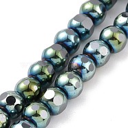 Electroplated Non-magnetic Synthetic Hematite Beads Strands, Faceted, Round, Green Plated, 6~6.5x5~5.5mm, Hole: 1.4mm, about 73pcs/strand, 15.59~15.75 inch(39.6~40cm)(G-G862-02A)