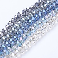 Electroplate Transparent Glass Beads Strands, Full Rainbow Plated, Faceted, Rondelle, Mixed Color, 6x5mm, Hole: 1mm, about 85~88pcs/strand, 16.1~16.5 inch(41~42cm)(EGLA-A034-T6mm-Y)