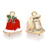Alloy Enamel Pendants, for Christmas, Jingle Bell, Light Gold, Red, 21x16x3mm, Hole: 2mm(X-ENAM-S121-012)
