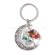 Gemstone Keychain, with 304 Stainless Steel Keychain Clasp and Tibetan Style Alloy  2-Loop Link Pendants, Moon & Tree of Life, Antique Silver & Stainless Steel Color, 6.65cm(KEYC-JKC00758)