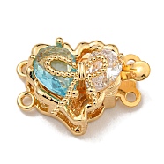 Brass Micro Pave Cubic Zirconia Box Clasps, Heart, Real 18K Gold Plated, 2-Strand, 4-Hole, Sky Blue, 12.5x18x9mm, Hole: 1.2mm(KK-U037-40G-B)