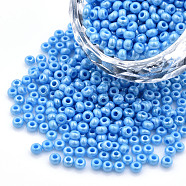 8/0 Czech Opaque Glass Seed Beads, Lustered, Round, Deep Sky Blue, 3x2mm, Hole: 1mm, about 500g/bag(SEED-N004-003A-17)